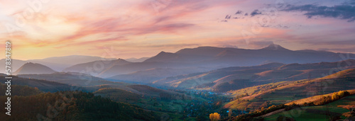 October evening Carpathian mountain country panorama, Ukraine.