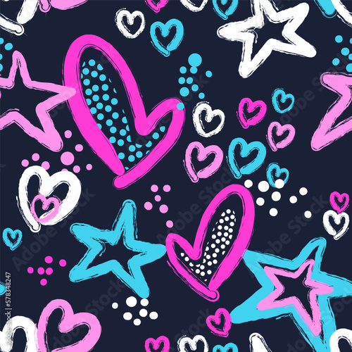 Abstract seamless pattern for girls with hearts and stars. Cool girlish background 