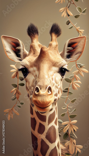 Portrait of a giraffe | Face of giraffe | Full body of giraffe | Giraffe with leaves | Giraffe isolated with plain background | Generative AI | Hyper realistic | Photorealism | Digital art