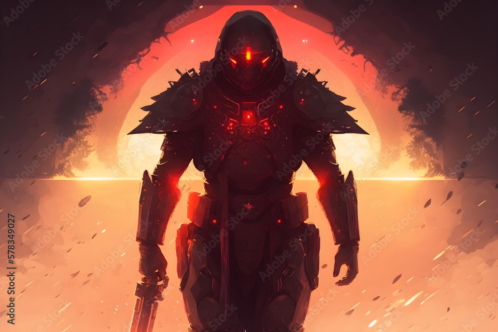 Full body portrait, a Samurai Imperial Heraldic Shadow trooper on a Crystal Planet, glowing red light, black armor with golden insignia, generative AI