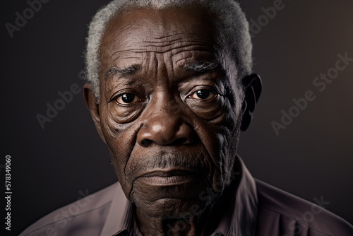 Portrait of a dark-skinned pensioner looking sadly into the camera against the background of a bright room. AI Generated