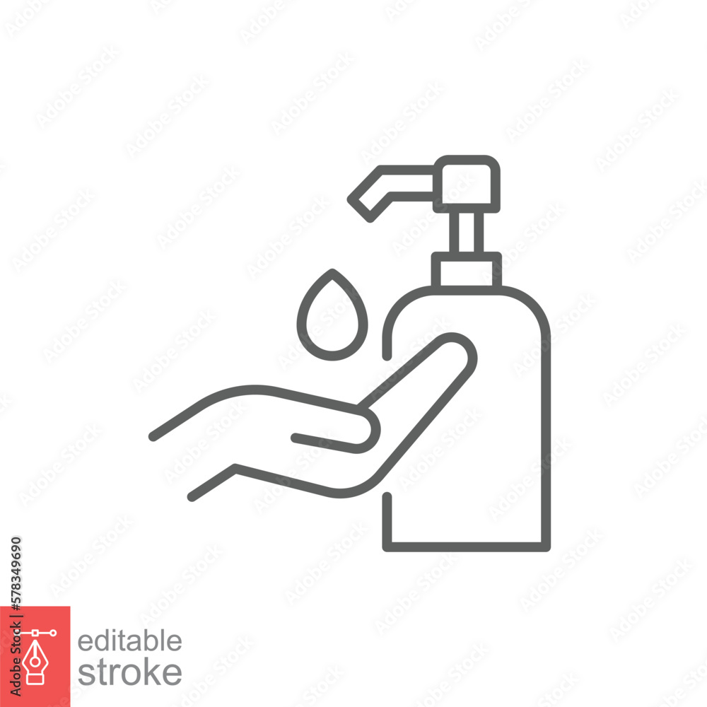 Fototapeta premium Hand sanitizer icon, line style. Washing hand with sanitizer liquid soap. Vector illustration. Design on white background. Editable stroke EPS 10.