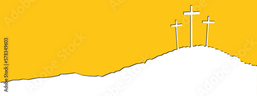 Good friday Easter background panorama vector illustration paper cut - Yellow white silhouette of Crucifixion of Jesus Christ in Golgota / Golgotha jerusalem israel, with three crucifix crosses