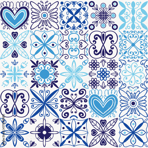Blue tile ornament. Hand drawn curve and floral mosaic. Mediterranean or arabic ceramic. Blue and white colors, print for textile, wrapping paper, oriental decor tilework vector illustration