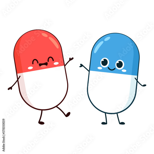 Cute cartoon character, medicine pill pharmacy mascot. Smiling, waving and pointing pill with funny kawaii face. Vector clip art illustration.