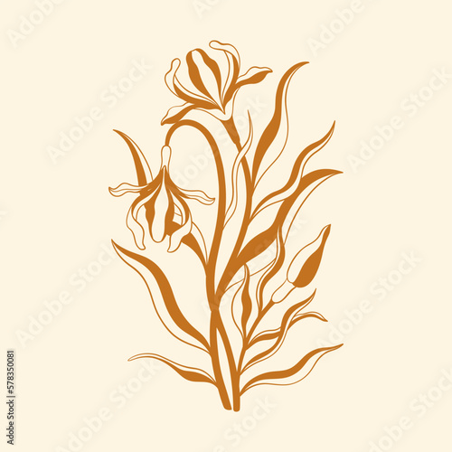 Floral iris in art nouveau 1920-1930. Hand drawn in a linear style with weaves of lines, leaves and flowers.