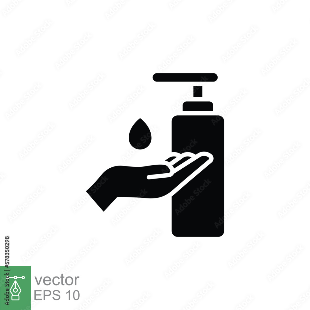 Hand sanitizer icon, solid style. Washing hand with sanitizer liquid soap. Black silhouette symbol. Vector illustration design isolated on white background. EPS 10. Hand sanitizer icon, solid style. Washing hand with sanitizer liquid soap. Black silhouette symbol. Vector illustration design isolated on white background. EPS 10.