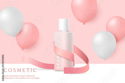 Cosmetics and skin care product ads template on pink background with ribbon and balloons.