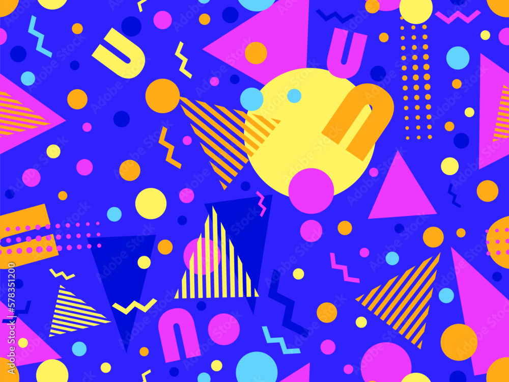 Memphis seamless pattern with geometric shapes in 80s style. Colorful geometric pattern. Design of promotional products, wrapping paper and printing. Vector illustration Memphis seamless pattern with geometric shapes in 80s style. Colorful geometric pattern. Design of promotional products, wrapping paper and printing. Vector illustration