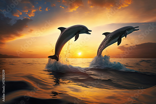 two dolphin at sunset, generative AI © Kien