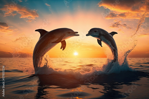 two dolphin at sunset, generative AI © Kien