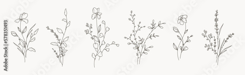 Minimal drawn floral botanical line art. Bouquets. Trendy elements of wild and garden plants, branches, leaves, flowers, herbs. Vector illustration for logo or tattoo, invitation, save the date, card