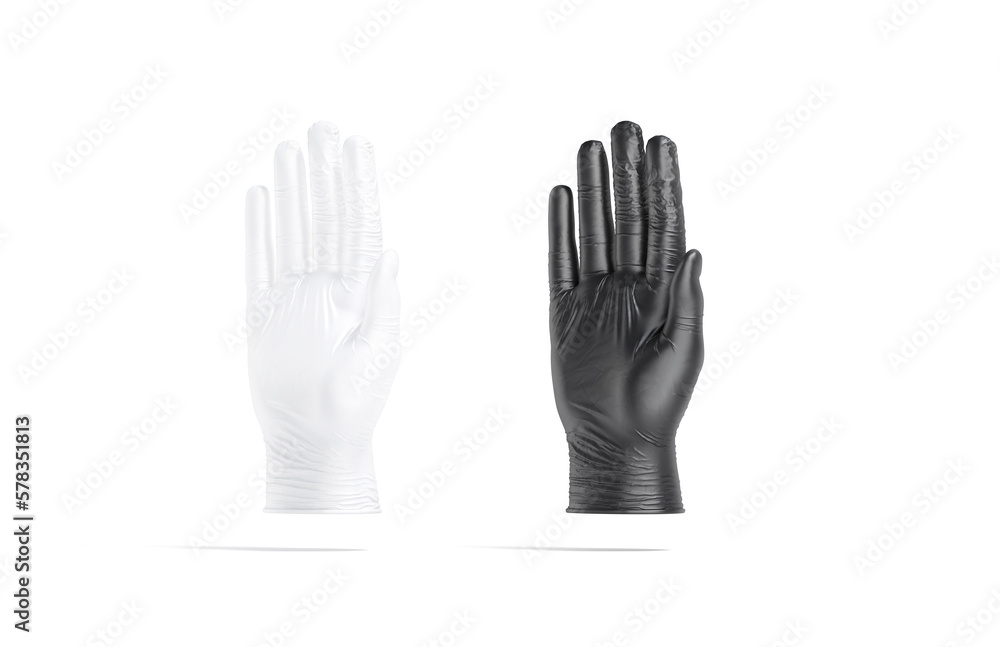 Obraz premium Blank black and white rubber gloves palm mockup, side view