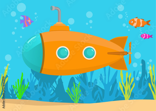 Cartoon yellow submarine underwater