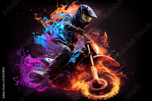 A Motocross Rider Riding A Motocross Bike Burning On Fire Of Different Colors. Generative AI