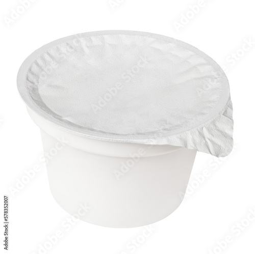 Plastic container for dairy foods with foil lid isolated on transparent background