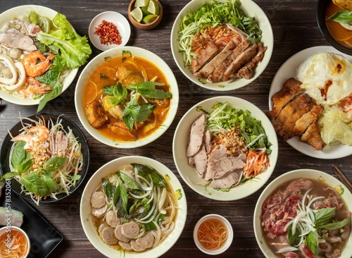 Curry Chicken Hor Fun, Beef Ball Hor Fun, Drumstick Rice, Shredded Papaya, seafood pho, Pork Chops with Vietnamese Rice Noodles, lime and sauce served in bowl isolated on table top view of taiwan food © Food Shop