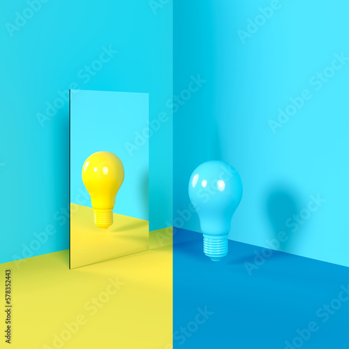 Yellow color light bulb idea concept reflection Contrast on mirror put on blue corner isolate room studio. 3D Rendering minimal concept idea.
