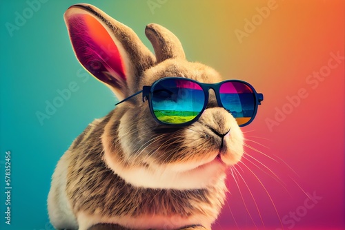 Cool Bunny With Sunglasses On Colorful Background. Generative AI