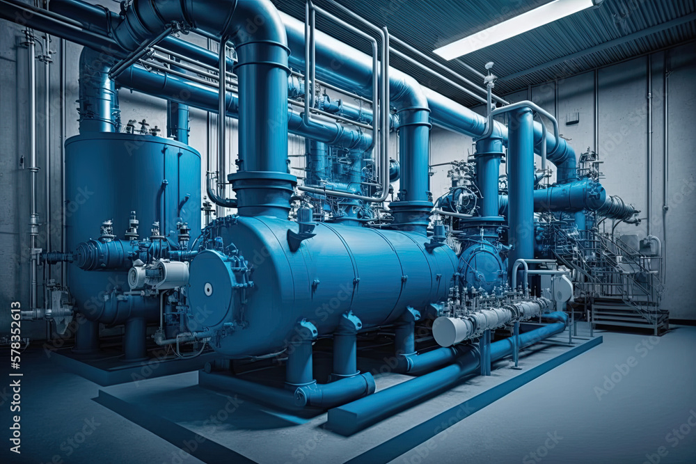 large industrial boiler room and water treatment facility. blue pupms, shiny stainless metal pipes, and valves.