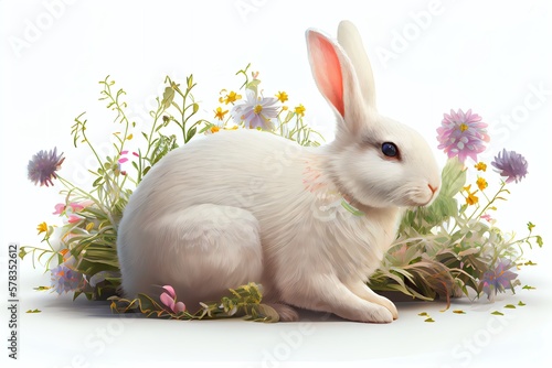 Easter White Rabbit With Spring Flowers. Isolated Design Element On The white Background. Generative AI