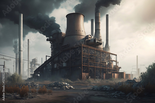 Industrial factory landscape. Plant factory the city background in fog. Bad Ecology environmental pollution concept generated by Ai