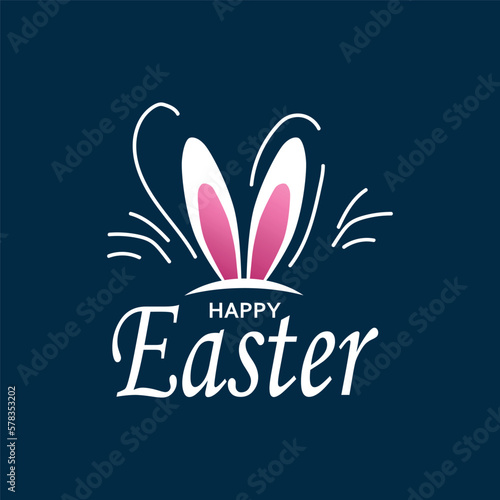 Happy easter. Easter card with rabbit ears. Greeting card with inscription Happy Easter on blue background. Vector