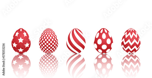 Easter eggs. Set of holiday eggs in red color with reflection isolated on white. Vector illustration