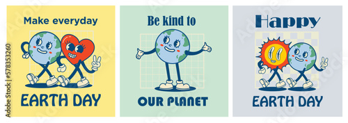 Happy Earth Day retro cards with slogan. Vintage nostalgia cartoon planet mascot character with smiling face. Globe with peace hand gesture. Environment friendly recycle concept.