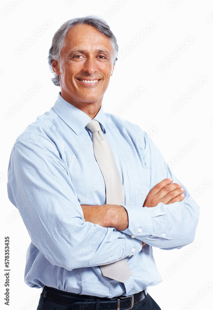 Business man smiling with hands folded. Portrait of mature business man smiling with hands folded over white background. Business man smiling with hands folded. Portrait of mature business man smiling with hands folded over white background.