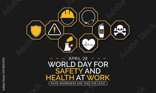 World day for safety and health at work observed each year on April 28th to promote the prevention of occupational accidents and diseases globally. Vector illustration.