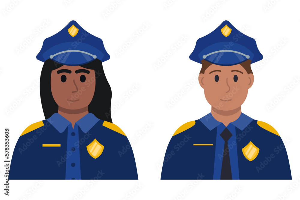 Portraits Of Police Partners, Woman And Man In Uniform Vector Illustration In Flat Style
