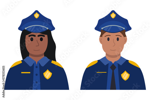 Portraits Of Police Partners, Woman And Man In Uniform Vector Illustration In Flat Style