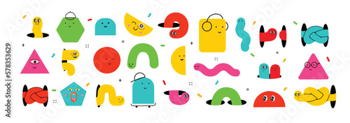 Cute cartoon geometric figures with different face emotions, funny poster idea for kids. Colorful characters with textures, trendy vector illustrations, basic various figures