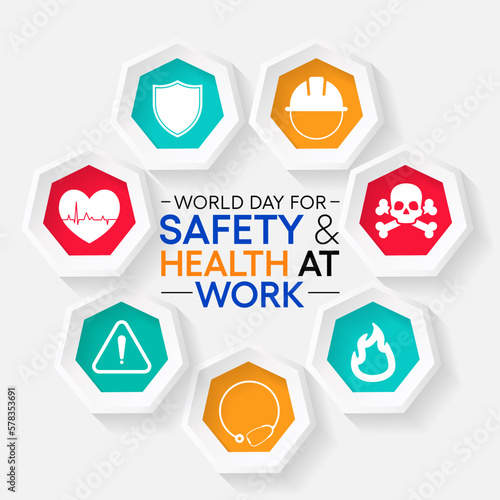 World day for safety and health at work observed each year on April 28th to promote the prevention of occupational accidents and diseases globally. Vector illustration.