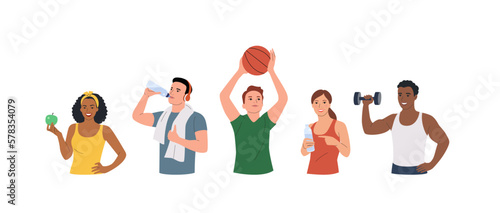 Healthy  young different athletic men and women isolated. Vector cartoon flat style illustration