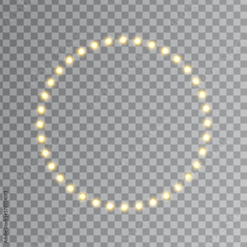 Light frame set. Gold bulb border. Lamp golden circle, square banner. Retro neon wall billboard. Cinema, casino design element. Glitter luxury decoration. Mirror background. Vector illustration