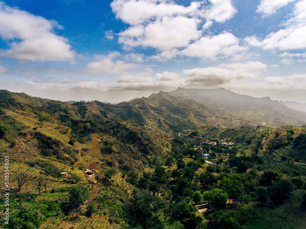 Naklejka premium Orgoes, located in Santiago, Cabo Verde, is a beautiful location to capture stunning aerial photos. With its rugged coastline and picturesque beaches, this area offers a breathtaking view