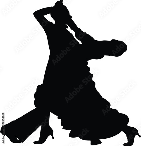 sports dancer athlete dancing waltz, side view black silhouette on white background, vector illustration
