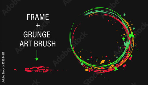 Set of design elements, circular frame, grunge art brush. Circle with copy spase, paint brush strokes, spattered paint of neon bright colors. Virtual surreal clip art