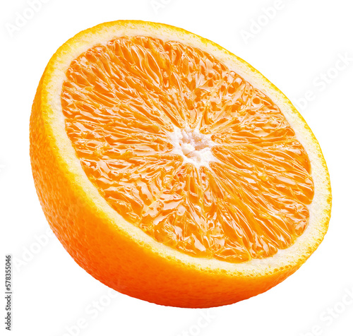 Half of orange citrus fruit isolated on white transparent background. Full depth of field.
