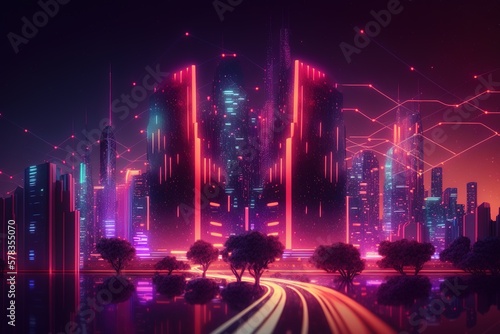 smart night city infrastructure. blue neon colors. Connectivity technology concept