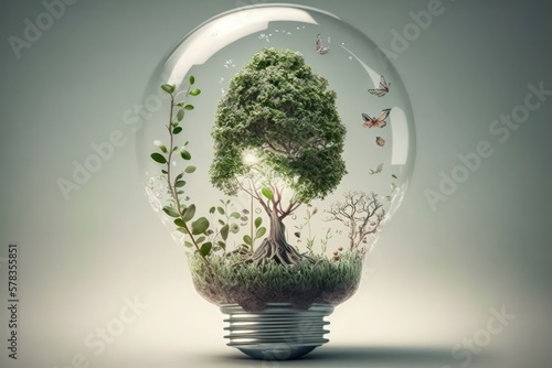 a light bulb on a white background that has a green tree in it,