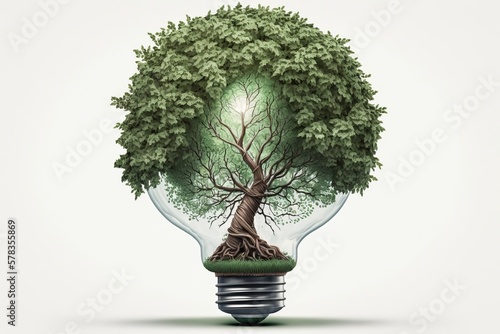 light bulb on a white background, has a green tree in it, covered by a tree