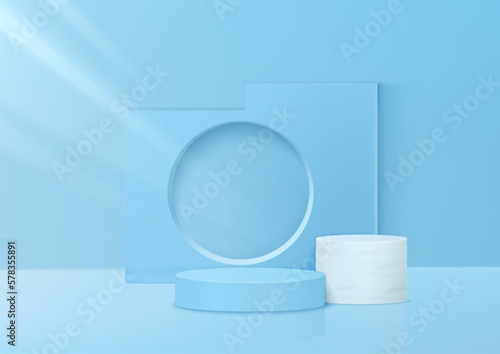 3D blue and white podium product on background. Blue pastel podium 3d, product presentation, show cosmetic, food supplement.