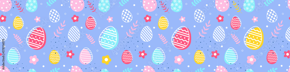 Colourful Easter background with eggs and flowers. Seamless pattern. Banner. Vector illustration