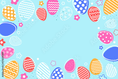 Pastel Easter background with eggs and flowers. Minimal design for card, poster and banner. Vector illustration