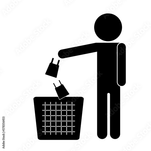 Isolated illustration of man black stick figure throw trash info trashbin, for tamplate Do not litter, keep it clean, prohibition sign. Vector illustration.