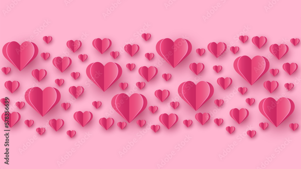 Valentine’s hearts flying on pink background. Paper cut decorations. Symbols of love. Vector illustration