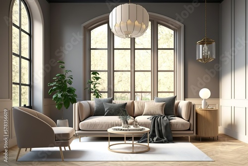 Modern villa living room design interior  beige furniture  bright walls  hardwood flooring  sofa  armchair with lamp  AI generated